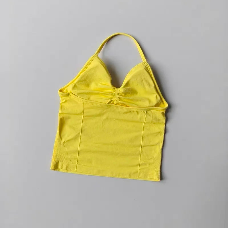 Sexy Halter Neck Beautiful Back High Waist Peach Sports Bras Shorts Suit Pilates Gathering Yoga Vest Training Fitness Bra Sets