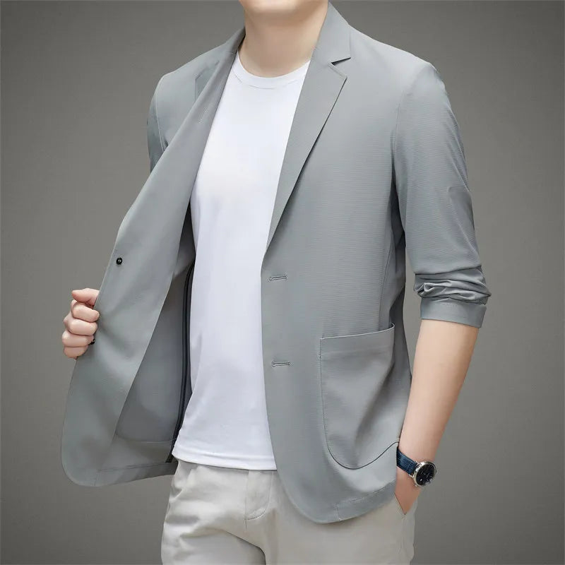 Minimalist Men Casual Blazer Ice Silk Nylon Spandex Seamless High Stretch Sun Protection Cooling Summer Breathable Tech Jacket