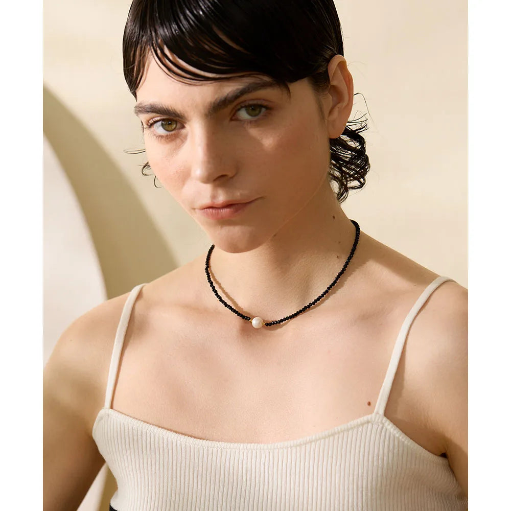 Yhpup Black Crystal Beads Chain Stainless Steel Natural Pearl Collar Necklace for Women Handmade Trade Trendy Simple Jewelry