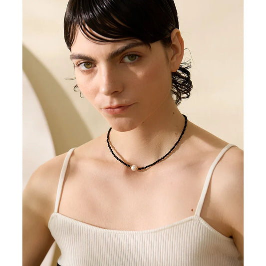 Yhpup Black Crystal Beads Chain Stainless Steel Natural Pearl Collar Necklace for Women Handmade Trade Trendy Simple Jewelry