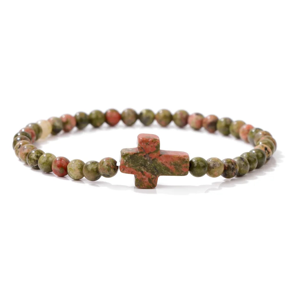 Trendy 4mm Beads Bracelet Stone Cross Charms Bracelet For Women Natural Gems Crystal Bangles Handmade Jewelry Men Yoga Prayer
