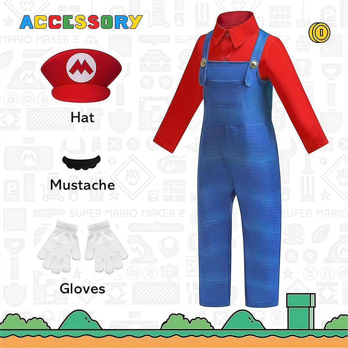 Anime Luigi Bros Game Cosplay Costume Boys Shirt Overall With Accessories For Kids Halloween Birthday Party Performance Outfits