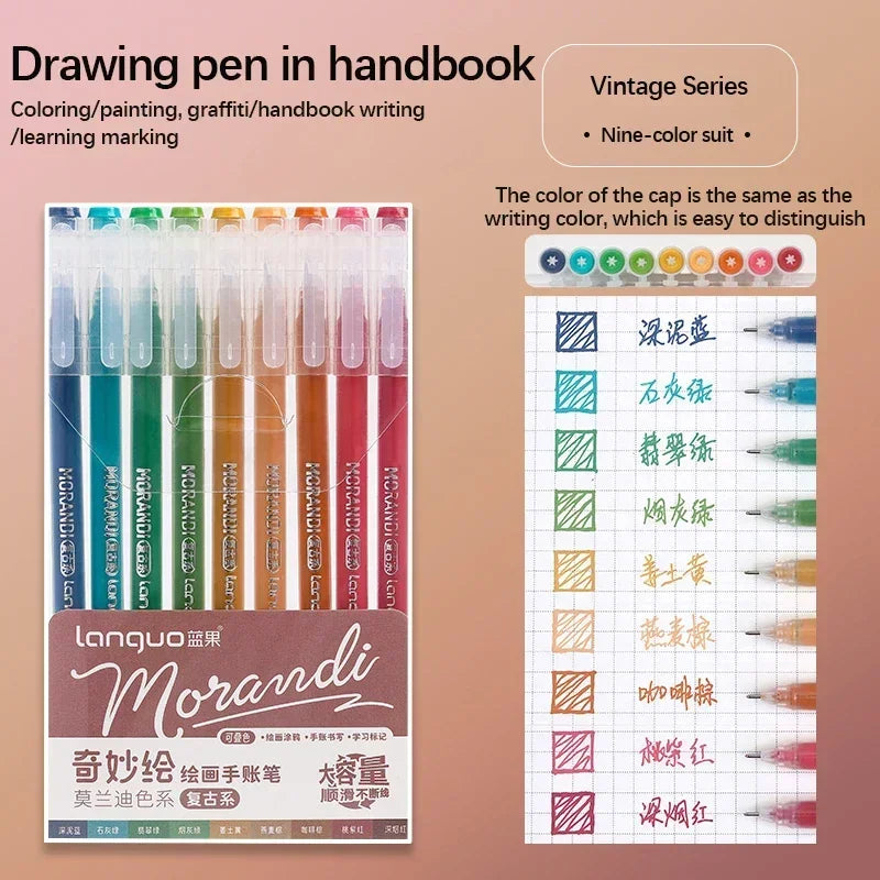 Languo Gel Pen Large Capacity Handbook Pens 6/9Pcs 0.6mm Student Art Diy Doodling Drawing Markers Office Kawaii Art Stationery