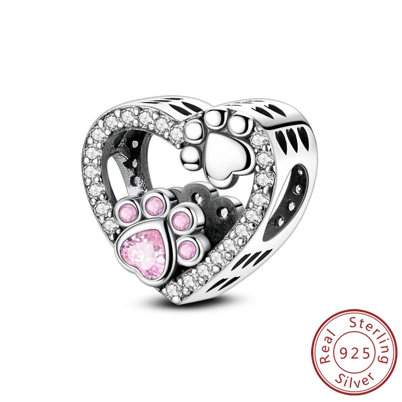 925 Sterling Silver Heart Shape Charm Beads Mother Daughter Family Pet Paw Beads Fit Bracelets Mother's Day Jewelry Gift
