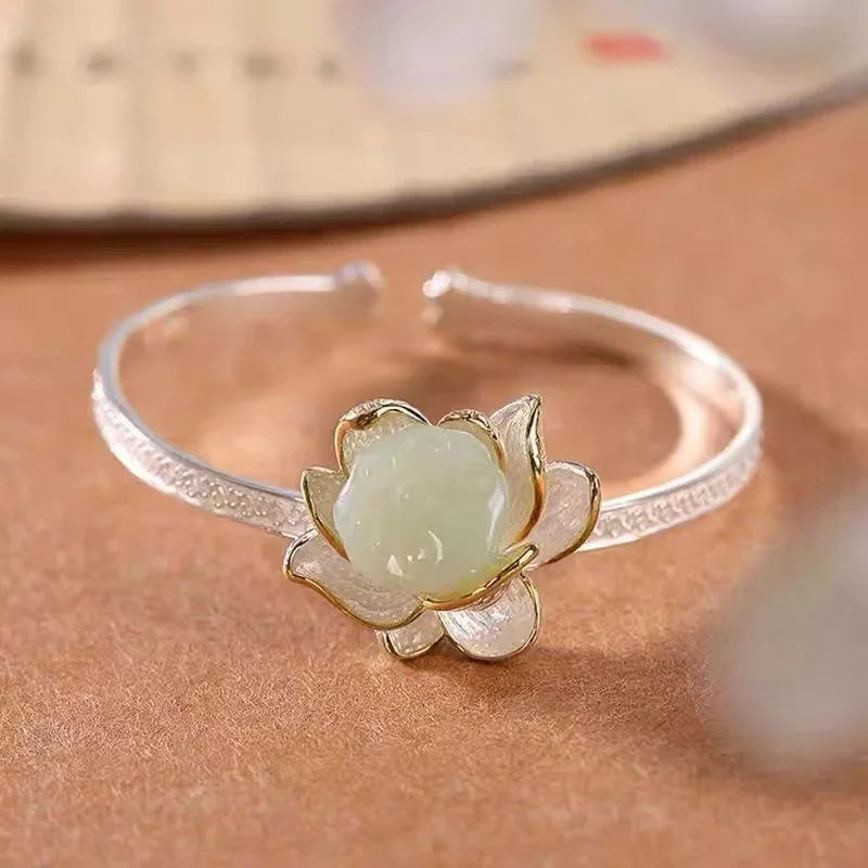 Classic Lotus Flower Jewelry Sets Natural Hotan Jade Various Exquisite Ring Earrings for Women Pendant Hairpin Brooch Bracelets