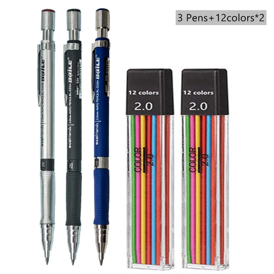 2.0mm Mechanical Pencil Set – 2B Leads in Black & Colors for Art & Writing
