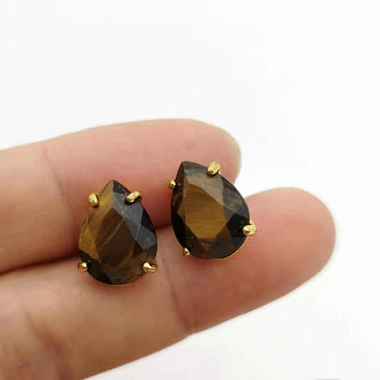 Water Drop Shape Stud Earrings Golden Color Natural Stone Faceted Pink Quartz Crystal Tiger Eye opal Healing Jewelry Female