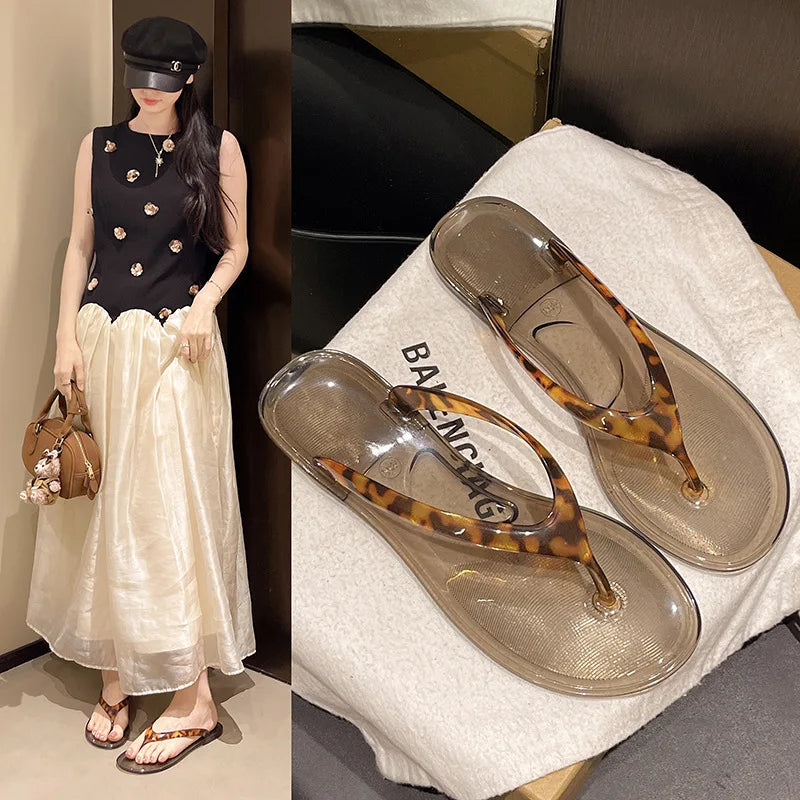 Women Leopard Print Jelly Flip Flops, Transparent Flat Thong Sandals Non Slip Summer Beach Casual Walking Slippers