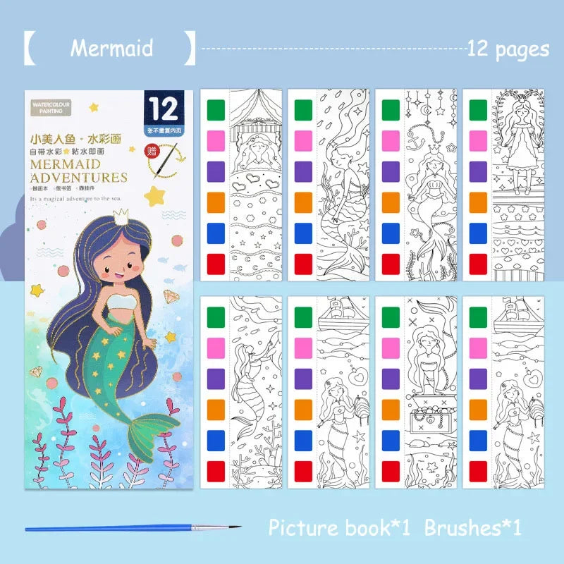 Portable Watercolor Book Set - 12 Sheets Gouache Painting with Brush, Kids Graffiti Drawing Art Stationery