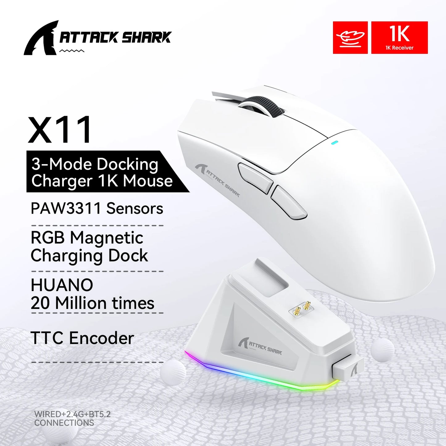 ATTACK SHARK X11 PAW3311 optical sensor,maximum resolution of 22K DPI acceleration up to 40G,edge in competitive gaming