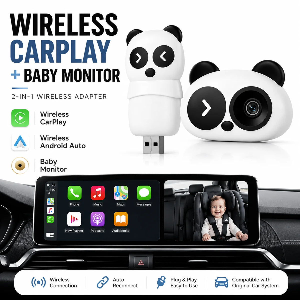 1080P Wireless Carplay Baby Car Camera Monitor, OTA Upgradable Backseat Child Safety Cam with Split Screen, Easy Install