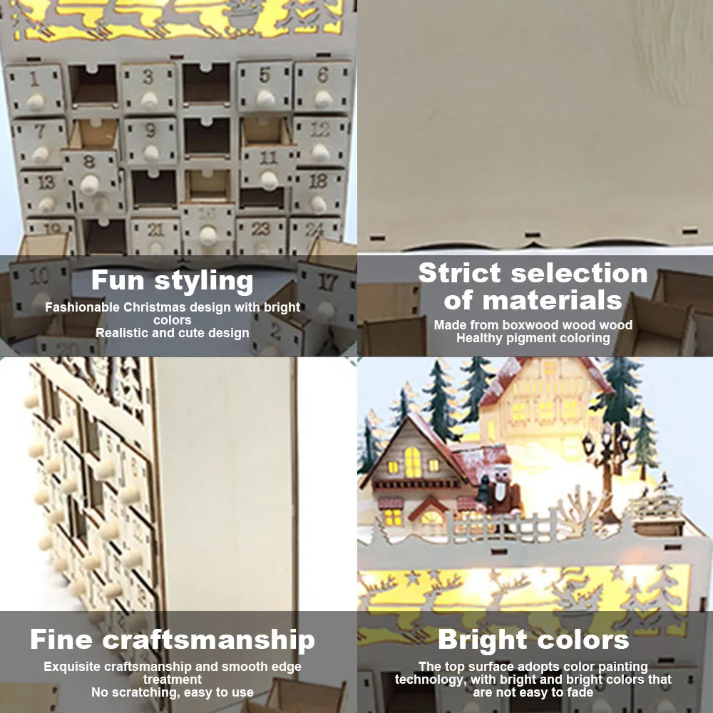 Wooden LED Village House Advent Calendar – Lighted Countdown with Drawers