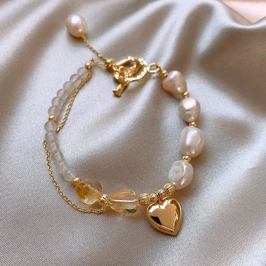 Romantic Love Heart Natural Baroque Freshwater Pearl & Yellow Crystal 14K Gold Filled Female Jewelry Sets For Necklace Bracelet