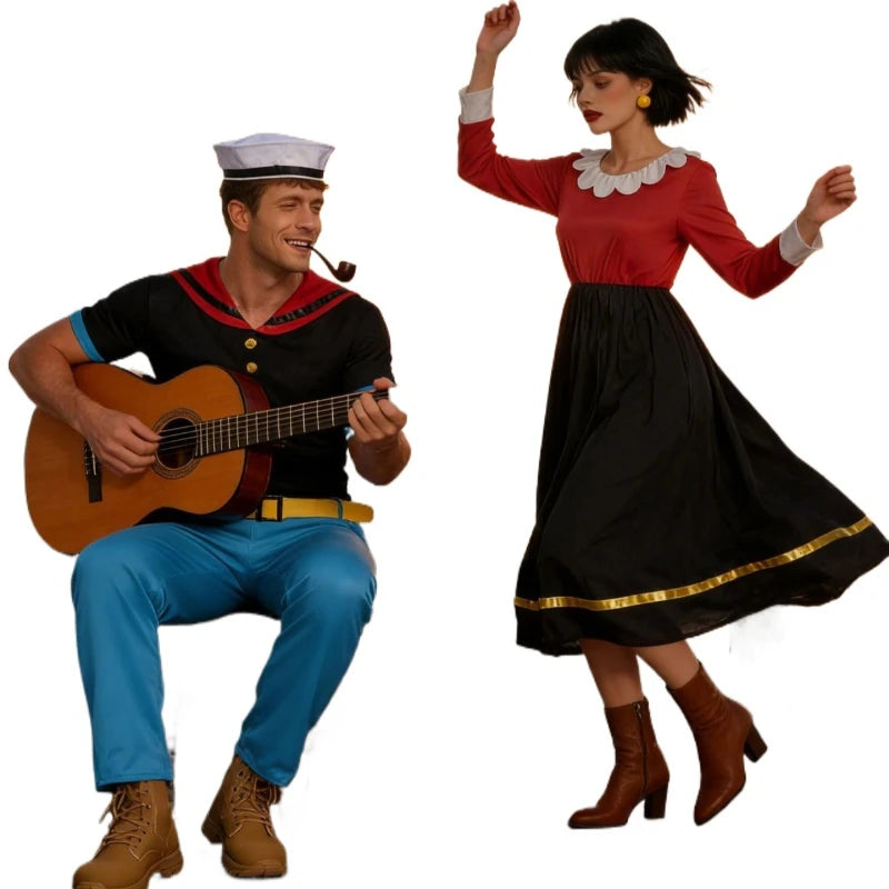 Women Olive Men Popeyed Costume Classic Cartoon Popeye the Sailor Cosplay Costume With Hat Halloween Funny Role Play Outfits