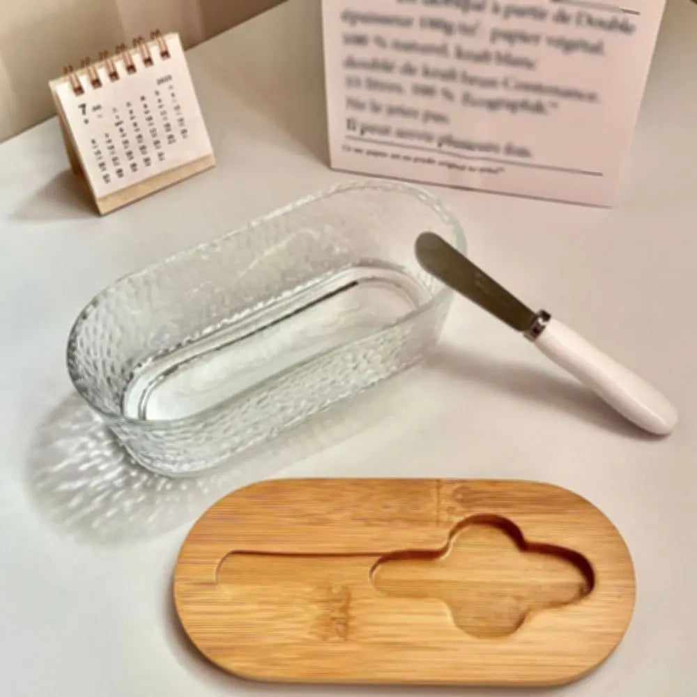Durable Oval Shape Glass Butter Box Visible Fresh-keeping Butter Dish With Lid and Spatula Transparent Butter Container Baking