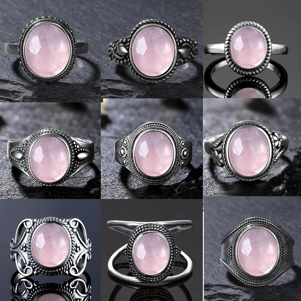Vintage S925 Sterling Silver Ring Oval Round Natural Rose Quartz Ring Pink Stone Sun Shaped Retro Silver Fine Jewelry For Women