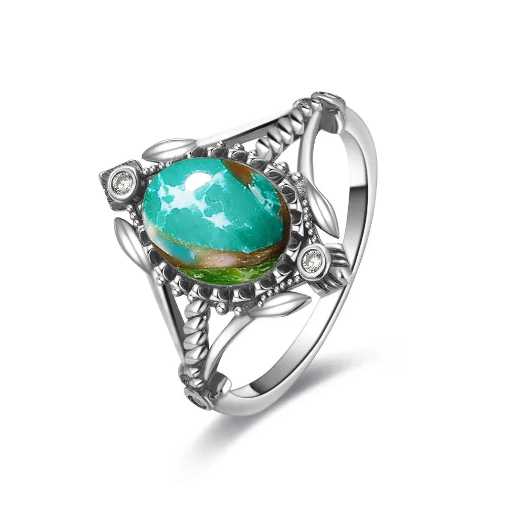 Vintage S925 Sterling Silver Ring with Oval Natural Emperor's Stone Flower Shape Hollow out Ring Fine Jewelry for Women