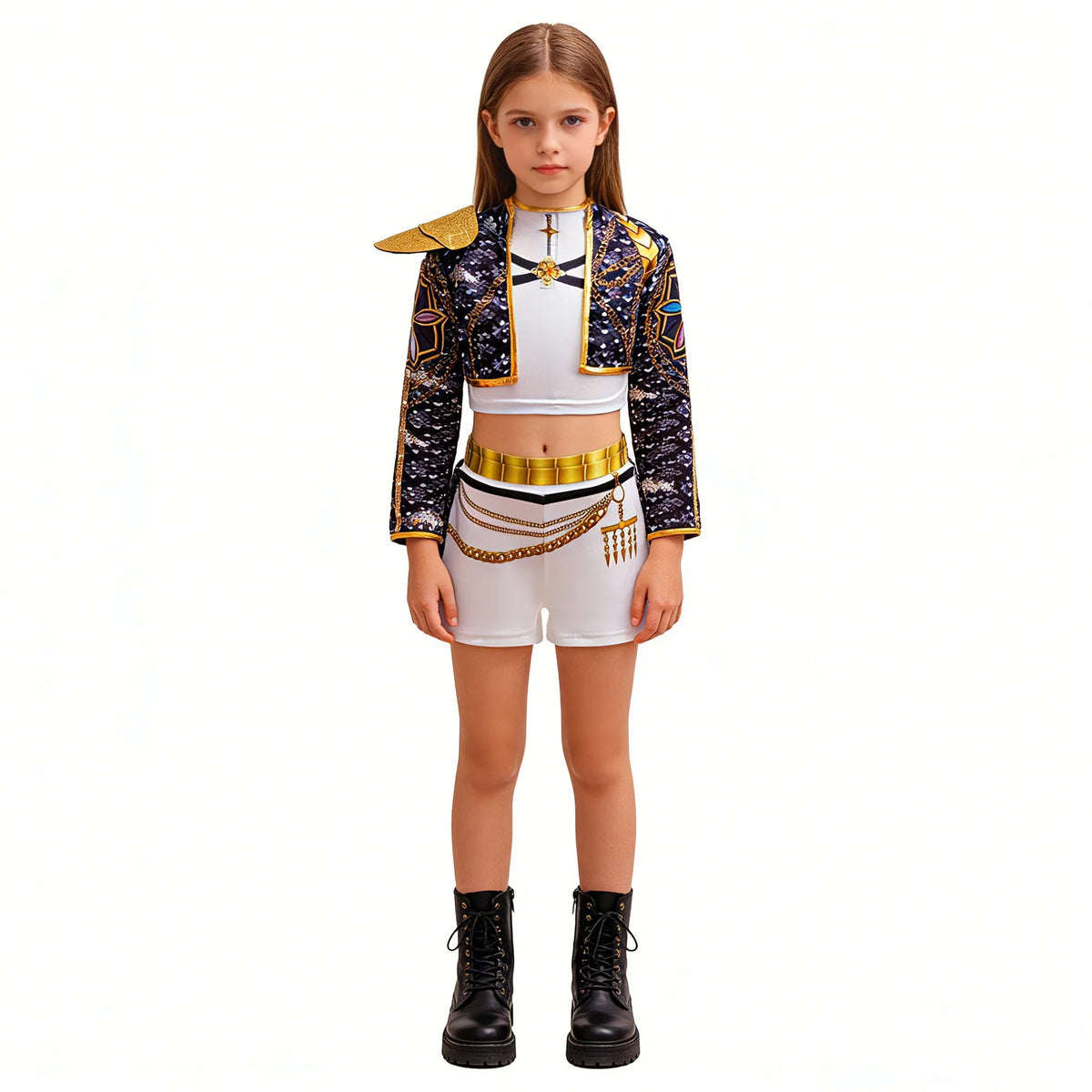 Girls Black & Gold Printed Jacket & Shorts Set – Stage & Party Costume, Heights 110–160 cm