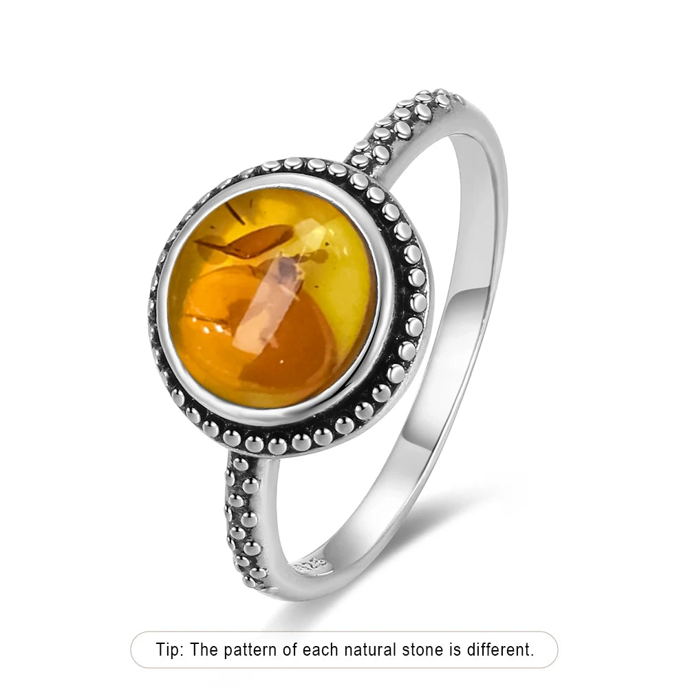 S925 Sterling Silver Ring With Natural Amber Stone Flower Shape Oval Petal Amber Stone Gifts Fine Jewelry For Women