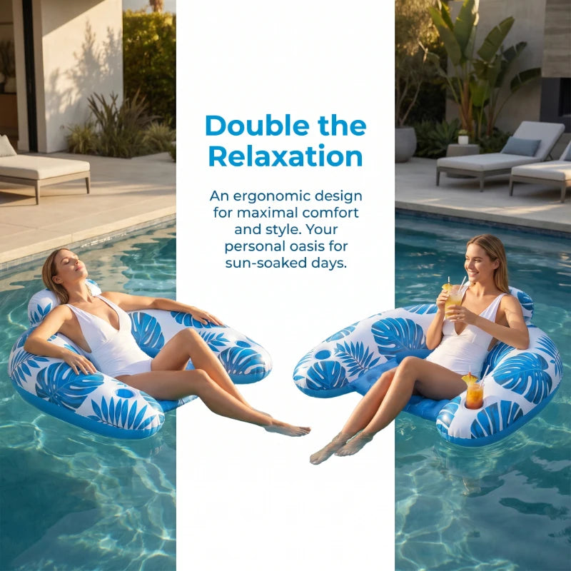 Inflatable Tropical Leaves Pool Lounger with Headrest Cup Holders Floating Raft Chair for Summer Water Fun Party