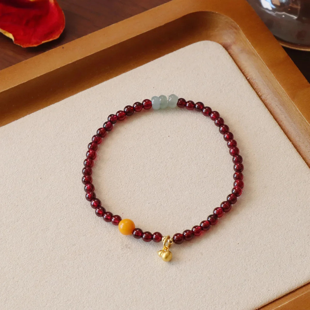 2026 3MM Garnet Bracelet with Aqua Jade & Agate, Gold Plated Stackable Beaded Bracelets for Women, Healing Crystal Gift 1420