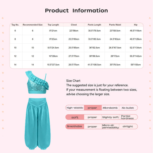 Girls Belly Dance Costume – Sequin Ruffle Crop Top & Satin Bloomers Set, Sizes 6–16