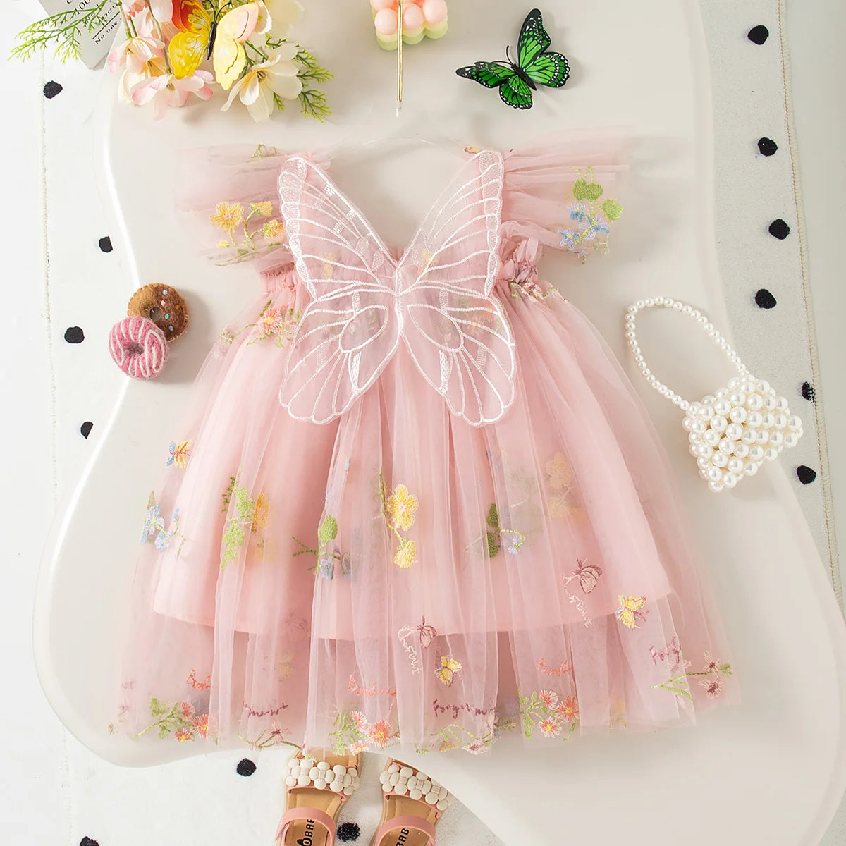 Summer Baby Girl Butterfly Wing Princess Dress Floral Embroidery Sleeveless Gauze Dress Girl Wedding Party Costume Nine Colors