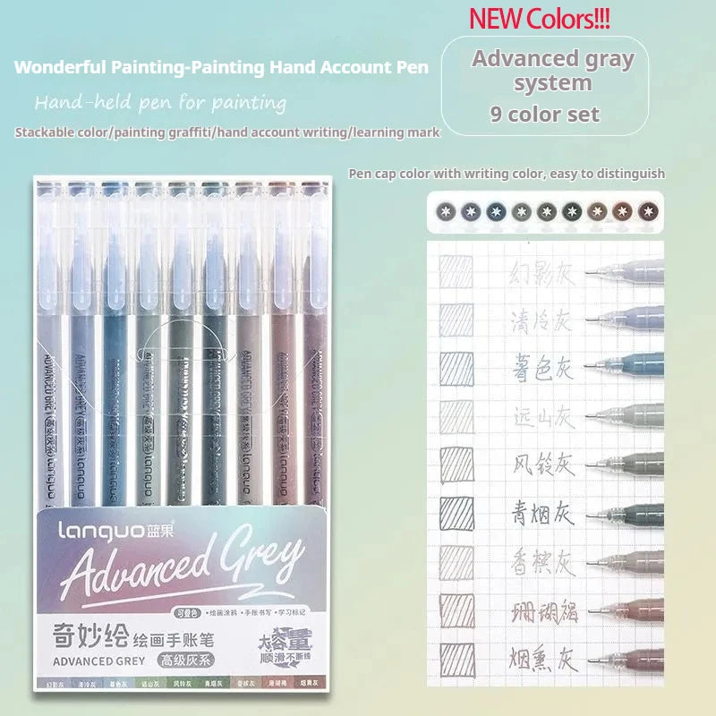 Languo Gel Pen Large Capacity Handbook Pens 6/9Pcs 0.6mm Student Art Diy Doodling Drawing Markers Office Kawaii Art Stationery