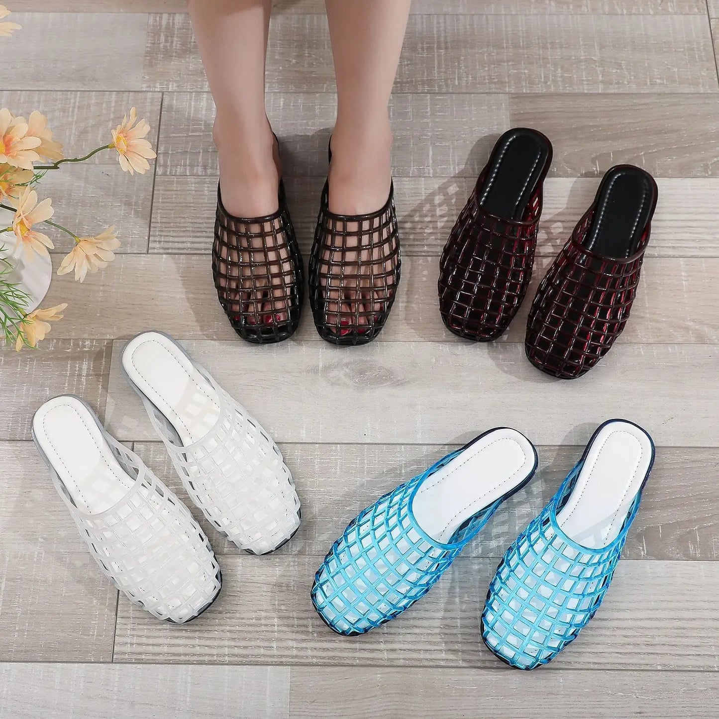 2026 New Women's Jelly Sandals Flat Bottom Slip-On round Toe Summer Slippers Breathable Closed-Toe Comfortable Footwear