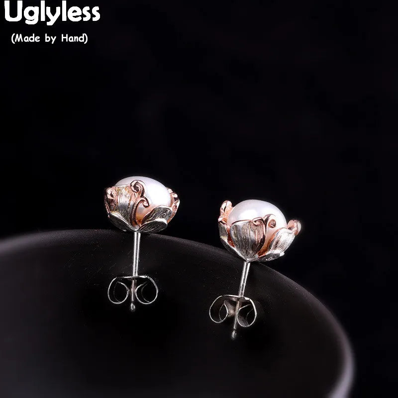 Uglyless Retro Enamel Flower Stud Earrings for Women Natural 10MM Pearl MINI Studs Solid 925 Silver Floral Brincos Jewelry E1434