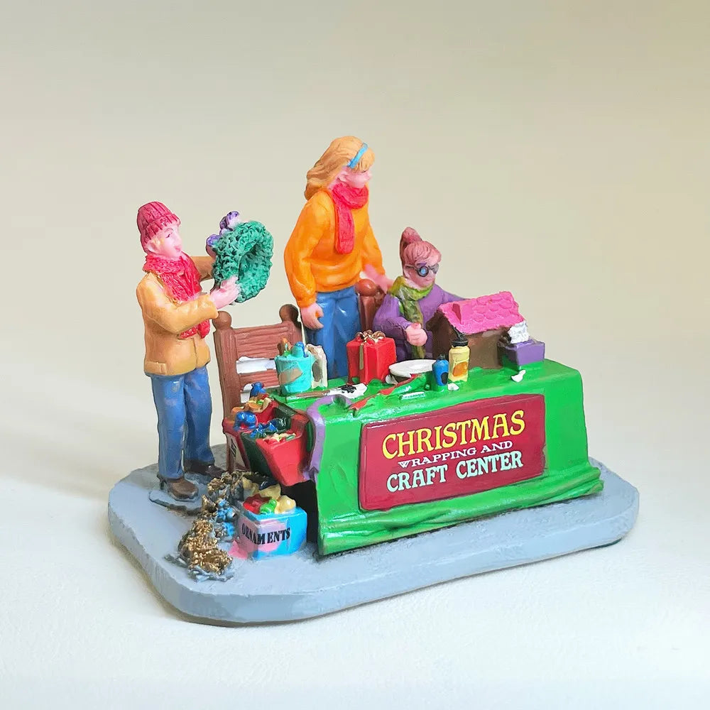 Resin Christmas Village Scene Figurine Xmas Wrapping Craft Center Mini Statue Holiday Home Table Decor Collectible Ornament