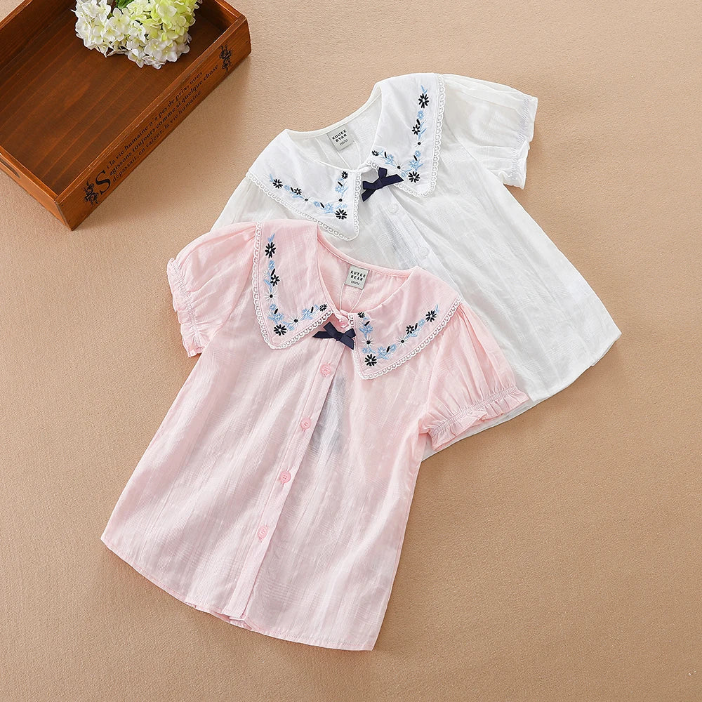 Girls Blouse Shirts Summer Short Sleeve Cotton Lovely Lace Causal White Tops Childrens High Quality Clothes