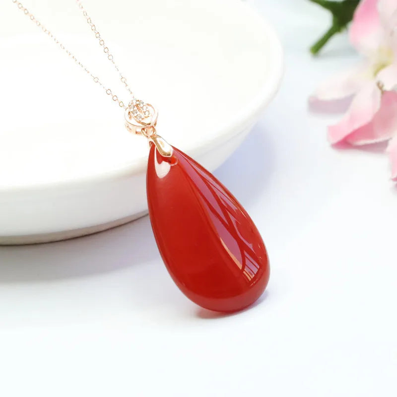 S925 Silver Inlaid Natural Red Agate Pendant,  Craftsmanship Timeless Accessory Water Drop for Man & Women Jewelry Party & Gift