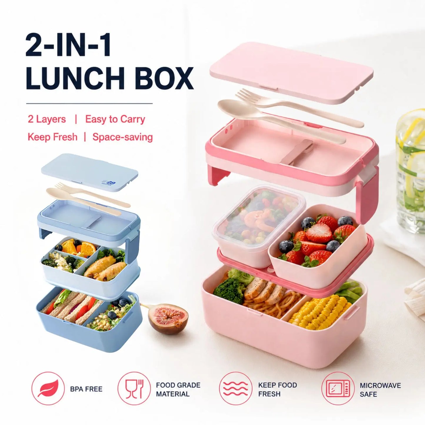 2 Layer / Single Bento Box with Handle,Large Capacity Leak-proof Lunch Box,Snack Food Storage Containers for Kids,Microwave Safe