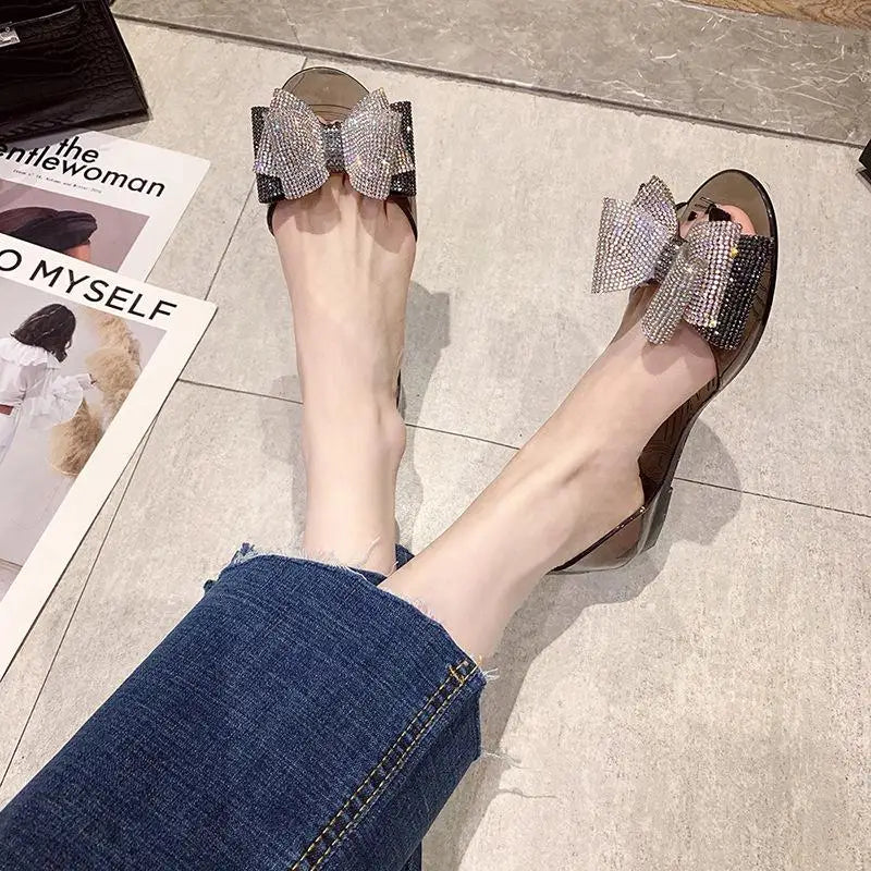 Comemore Jelly Shoes 2025 Women's Flat Fish Mouth Rhinestone Bow Beach Shoes Seaside Leisure Fashion Transparent Plastic Sandals