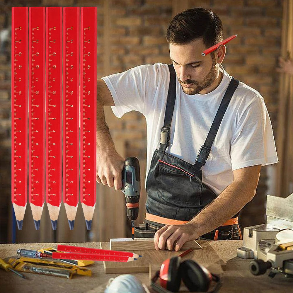 JOMPENS Anti-Slip Wooden Pencil Millimeter Scale Professional Grade Woodworking HB Pencil Black HB Lead Flat Octagon Drawing