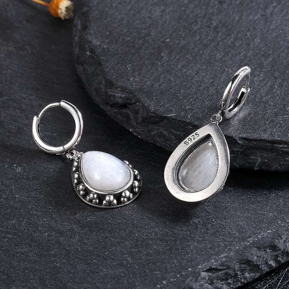 Vintage Natural Lapis Lazuli Jewelry S925 Sterling Silver Earrings for Women Moonstone Gemstone Engagement Anniversary Gift