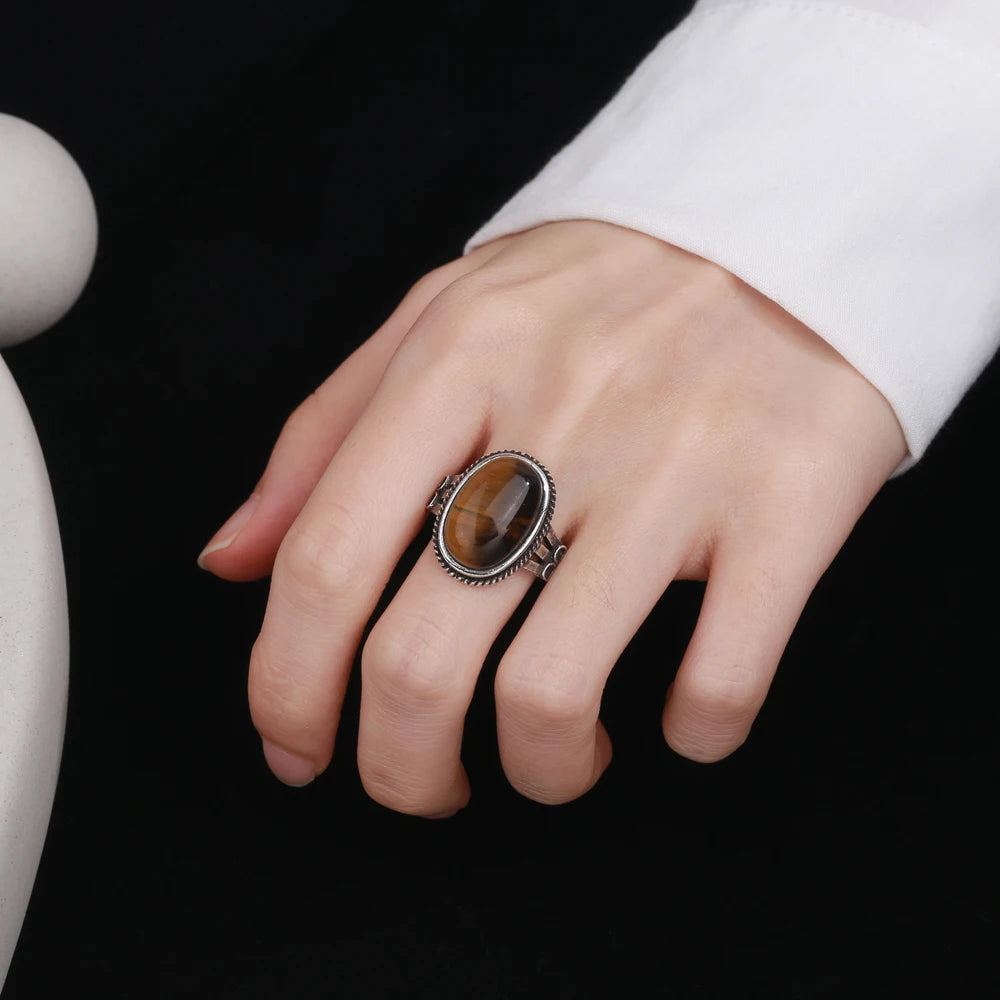 S925 Silver Large Stone 11x17MM Natural Labradorite Tiger Eye Ring for Women Fine Jewelry Party Wedding Anniversary Gift