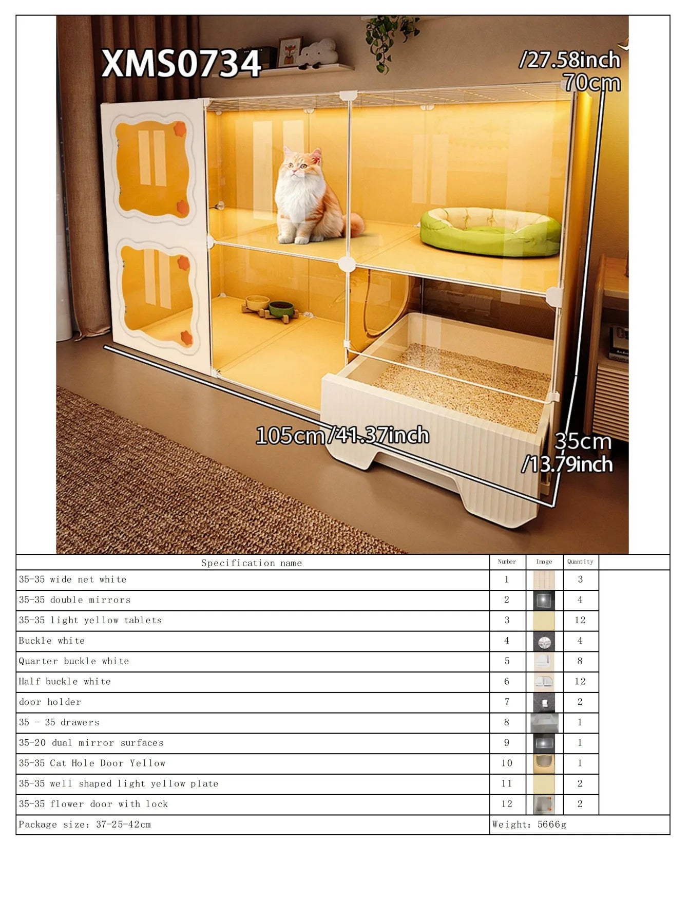 Cat Cage with Drawer-Type Litter Box, Indoor Kitten House with Toilet, Cat Cabinet with One Bedroom, One Living Room, and One Bathroom, Kitten Villa