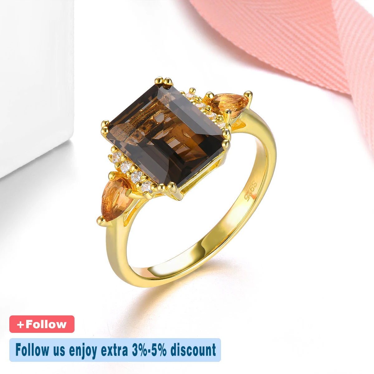 Natural Smoky Quarts Silver Yellow Gold Plated Rings 3.6 Carats Genuine Citrine Women's Classic Style S925 Fine Jewelry