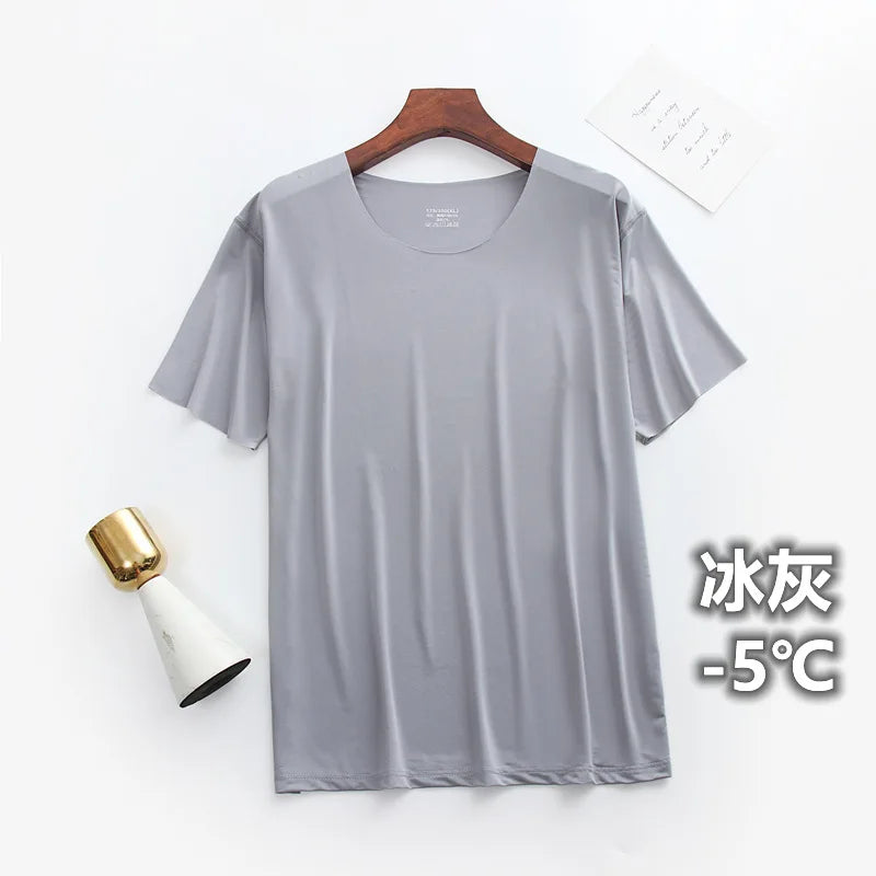 Summer Ultra-thin Sleep Tops Liquid Ice Silk Round Neck High-elastic Leisure Home Cooling Bottom Tshirts Lightweight Pajama Top