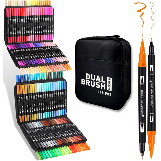 168 Colors Brush & Fine Dual Tip Watercolor Markers Set for Kids Adults Coloring Books No Bleeding Paint Pens For Drawing