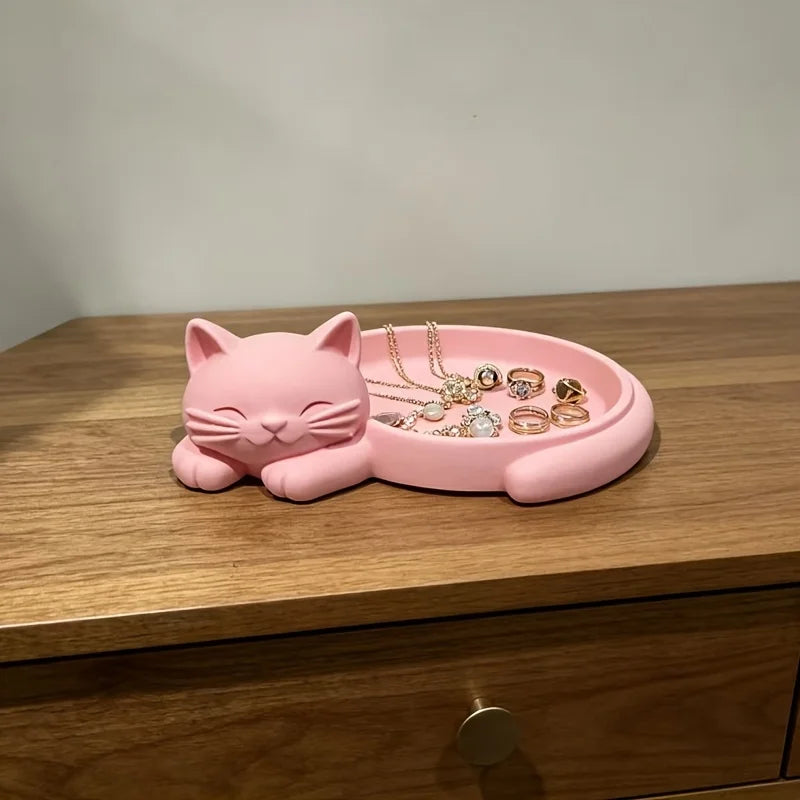 Pink Cat Desktop Organizer Tray,Jewelry Earrings Rings Necklaces S Keys Lipstick Post-It Notes Classification Tray,Jewelry Trays