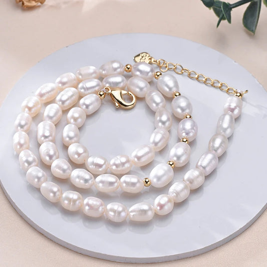 Natural Freshwater Pearls Rice Shape Multicolored Necklace Golden Beads S925 Sterling Silver Chain Fine Jewelry Gifts for Women