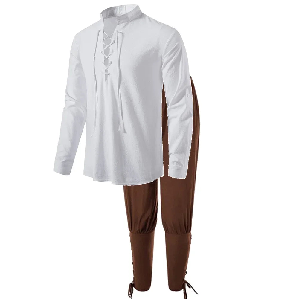 2Pcs Retro Vintage Medieval Renaissance Cosplay Costume Outfits Pirate Viking  Halloween Casual Daily LARP Ren Faire Shirt Pants