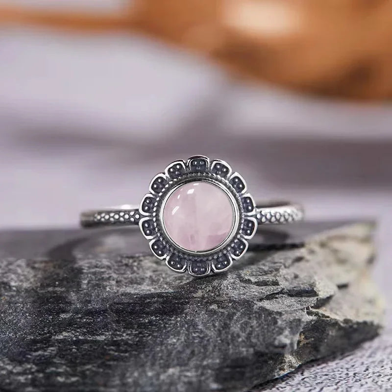 S925 Sterling SilverRing for Women Oval Round Natural Rose Quartz Ring Gift Sun Shaped Retro Luxury Fashion Fine Jewelry