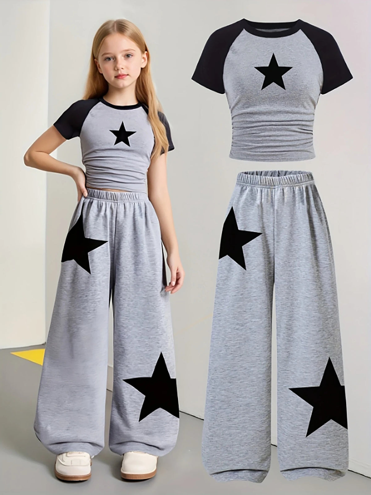 Girls 2-Piece Star Print Outfit – Top & Grey Wide-Leg Sweatpants, Ages 8–12