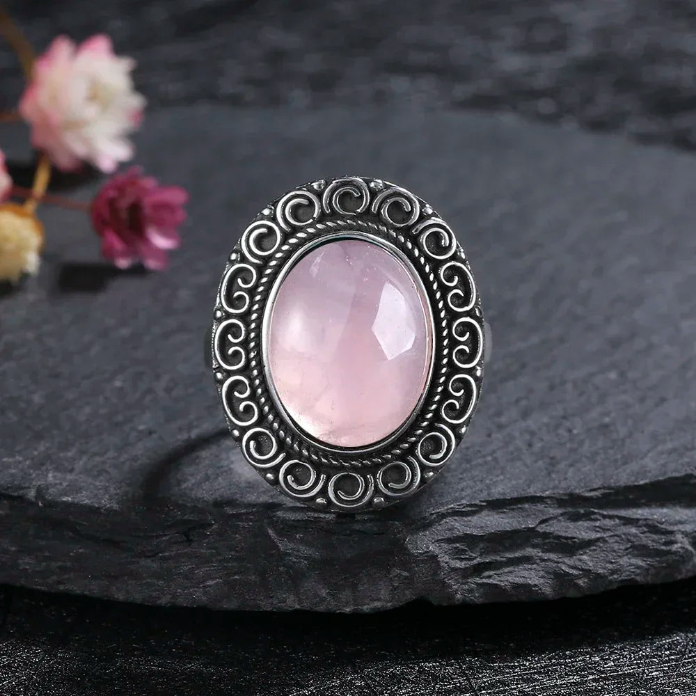 S925 Sterling SilverRing for Women Oval Round Natural Rose Quartz Ring Gift Sun Shaped Retro Luxury Fashion Fine Jewelry