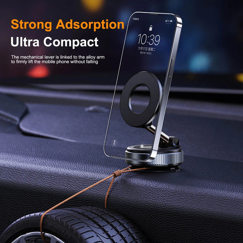 New car phone holder with magnetic suction, folding vacuum suction, rotating folding mechanism, and large silicone suction cup.