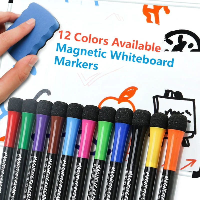 12 Color Magnetic Dry Erase Markers Whiteboard Markers with Eraser Magnetic Whiteboard Markers for School Children Teacher Gift